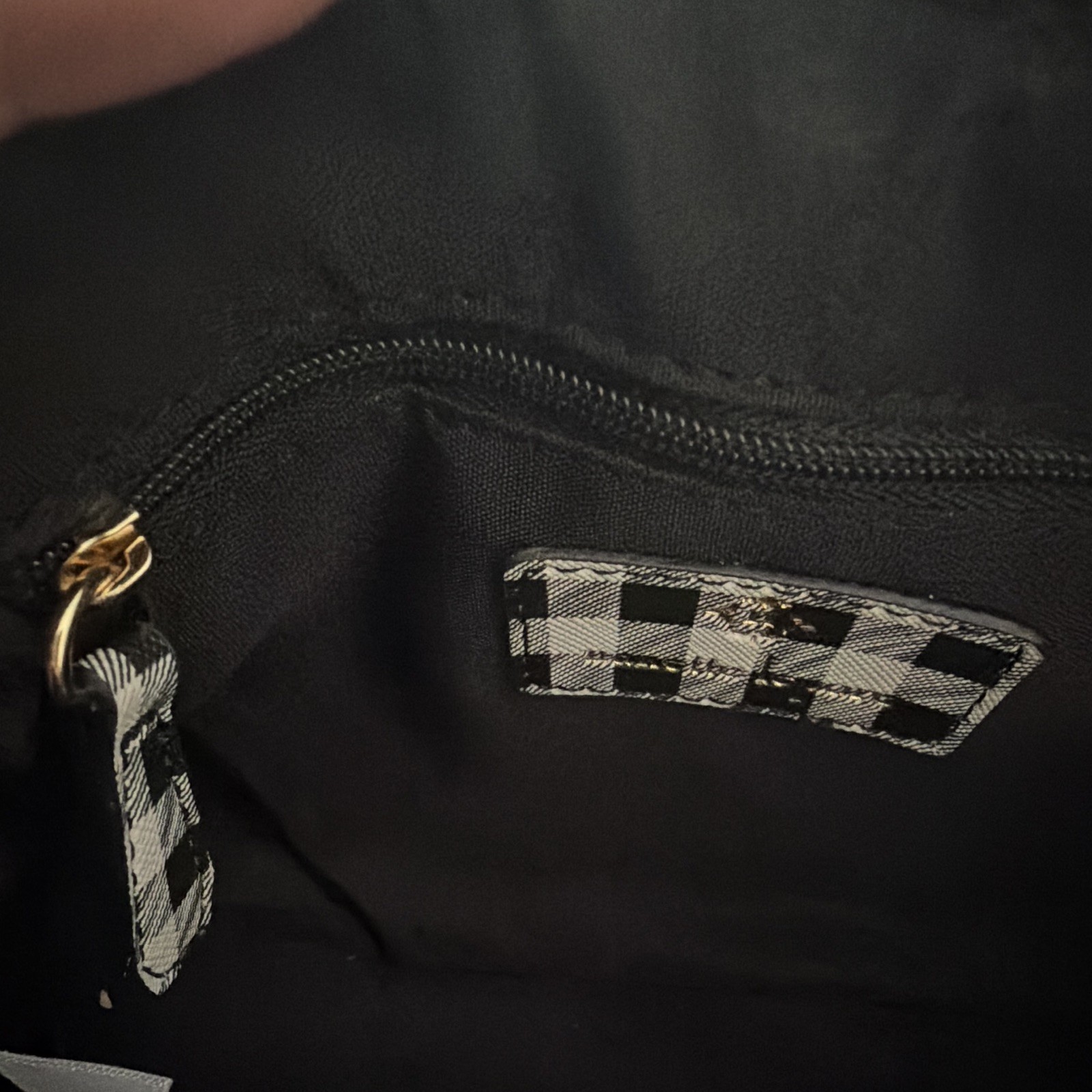Nanette Lepore Black & White Gingham Zip Shoulder Bag Gold Chain Strap Purse