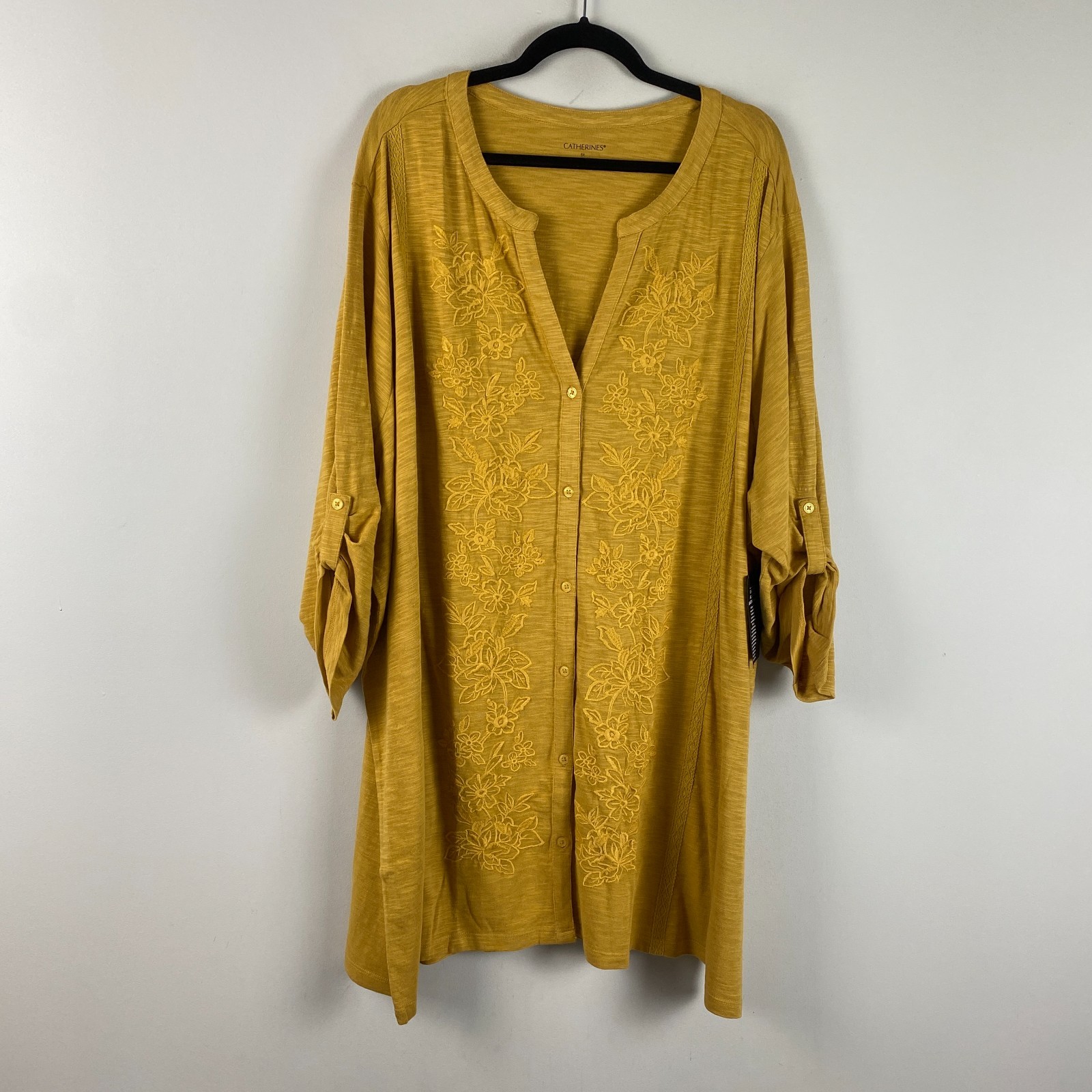 Catherines Embroidered Button Front Tunic Size 5X Honey Mustard Floral