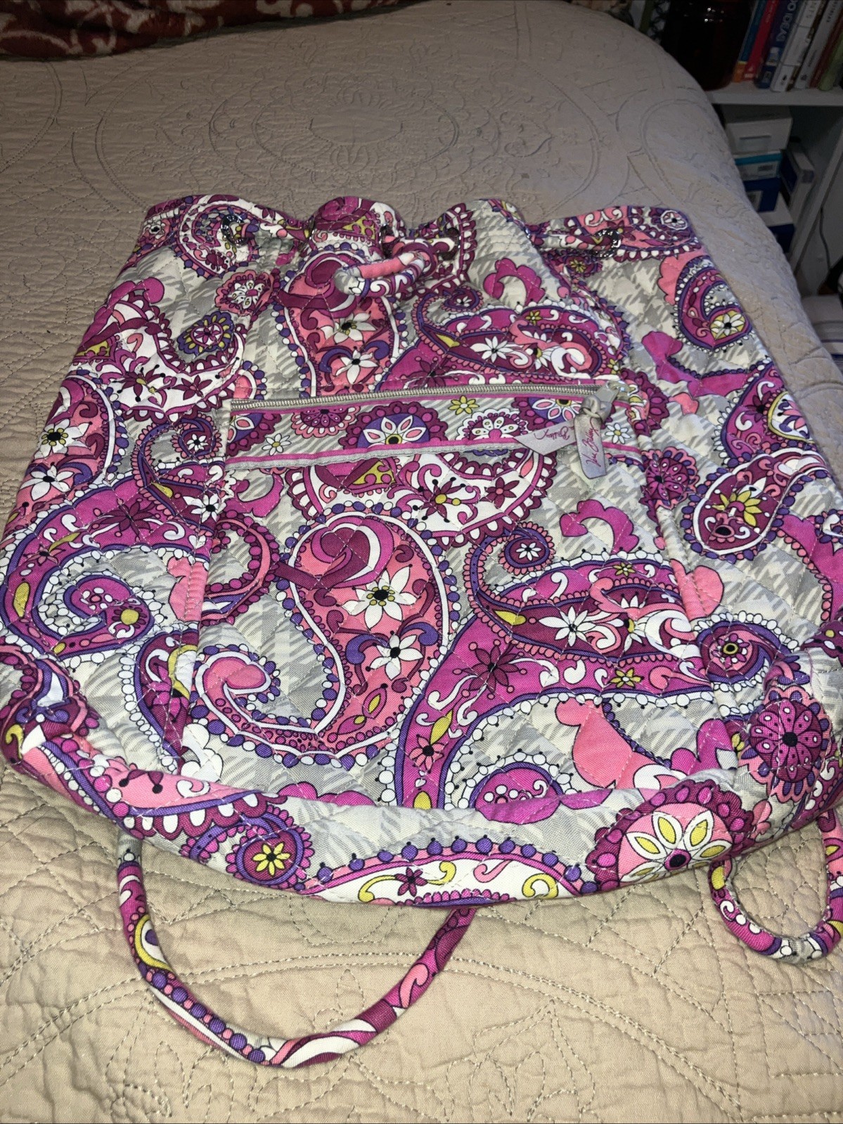 VERA BRADLEY Pink “Paisley Meets Plaid” Quilted Drawstring Cinch Backpack-Clean-