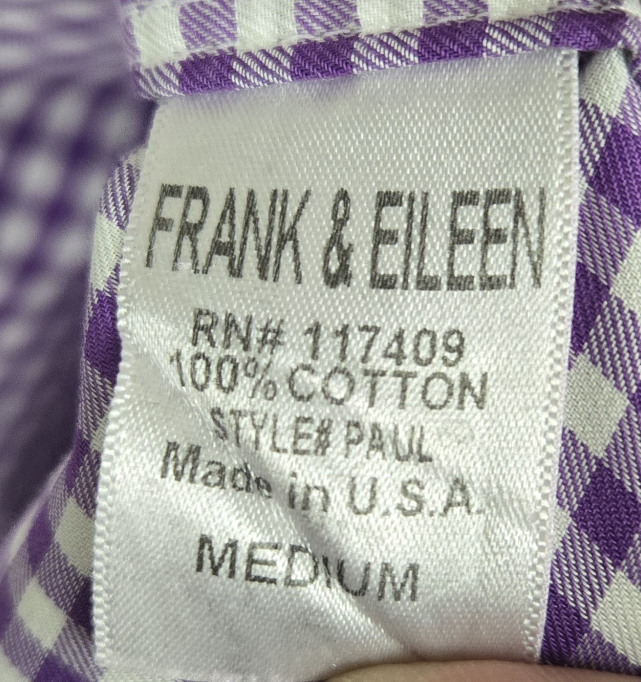 Frank & Eileen “Paul” Shirt Long Sleeve Cotton Casual Purple Gingham Mens Medium