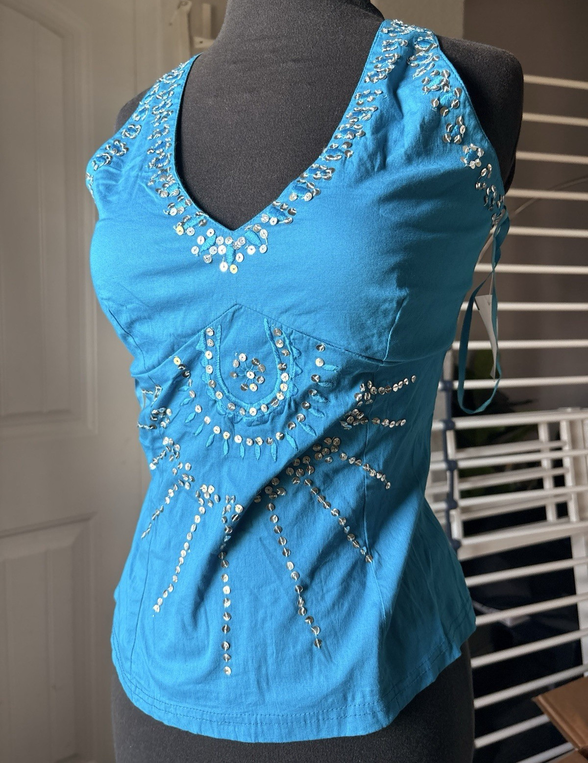Y2K ANGIE Blue Beaded Halter V-Neck Sleeveless Halter Top