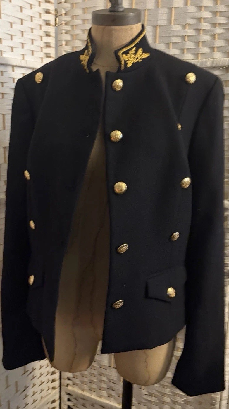 Vintage Ralph Lauren 100% Wool Military Peplum Gold Embossed Buttons, Embroidery