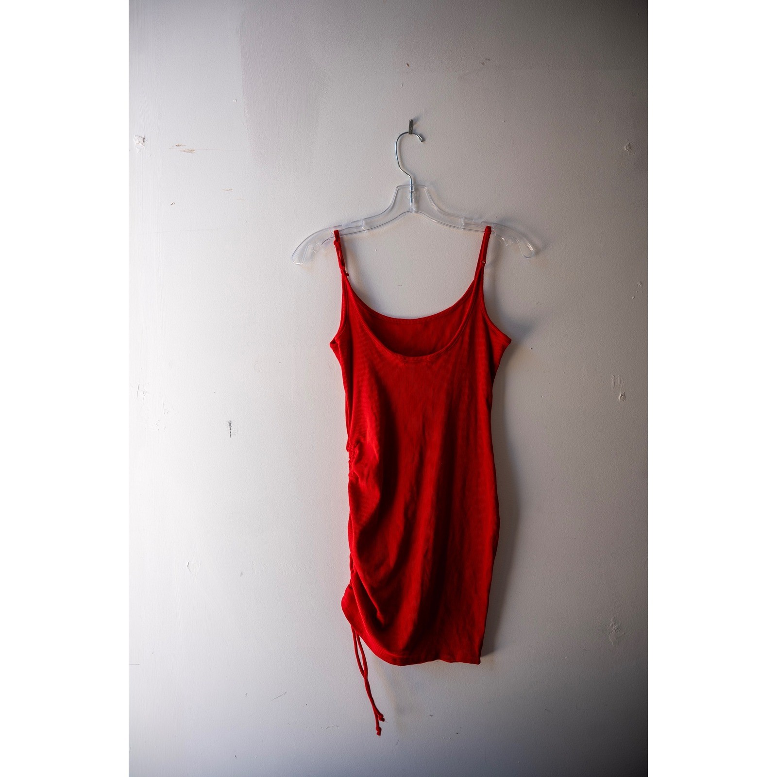 Red Side Ruched Bodycon Mini Dress Spaghetti Strap Scoop Neck Stretch Knit