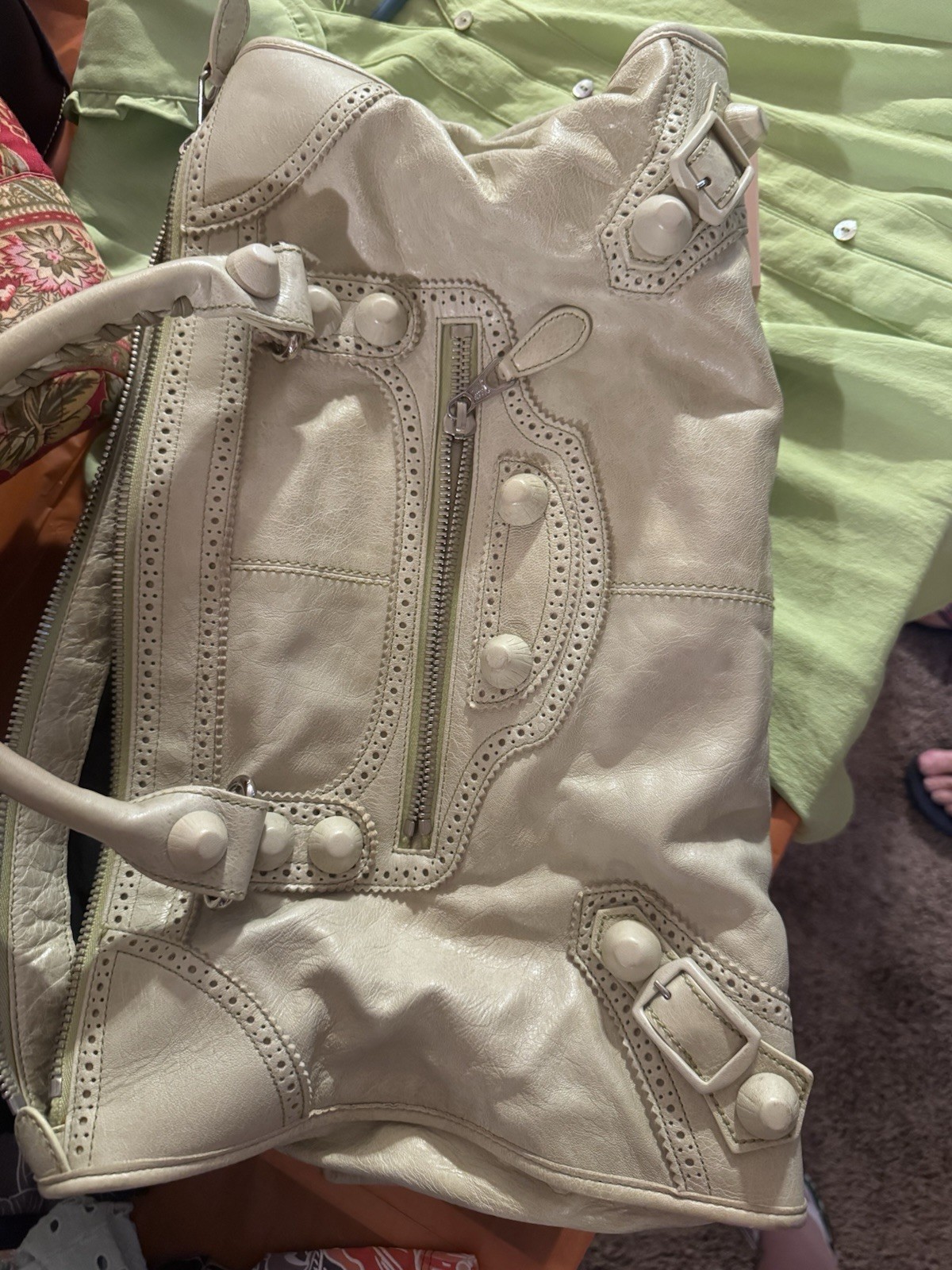 Balenciaga Beige Large Satchel Top Handle Zip Studded, Pockets, Vintage