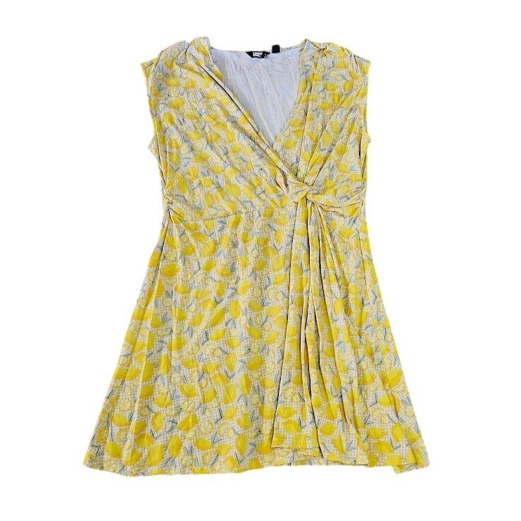 Lands End Twist Front Dress Women 2X Yellow Sleeveless Lemon Citrus Print