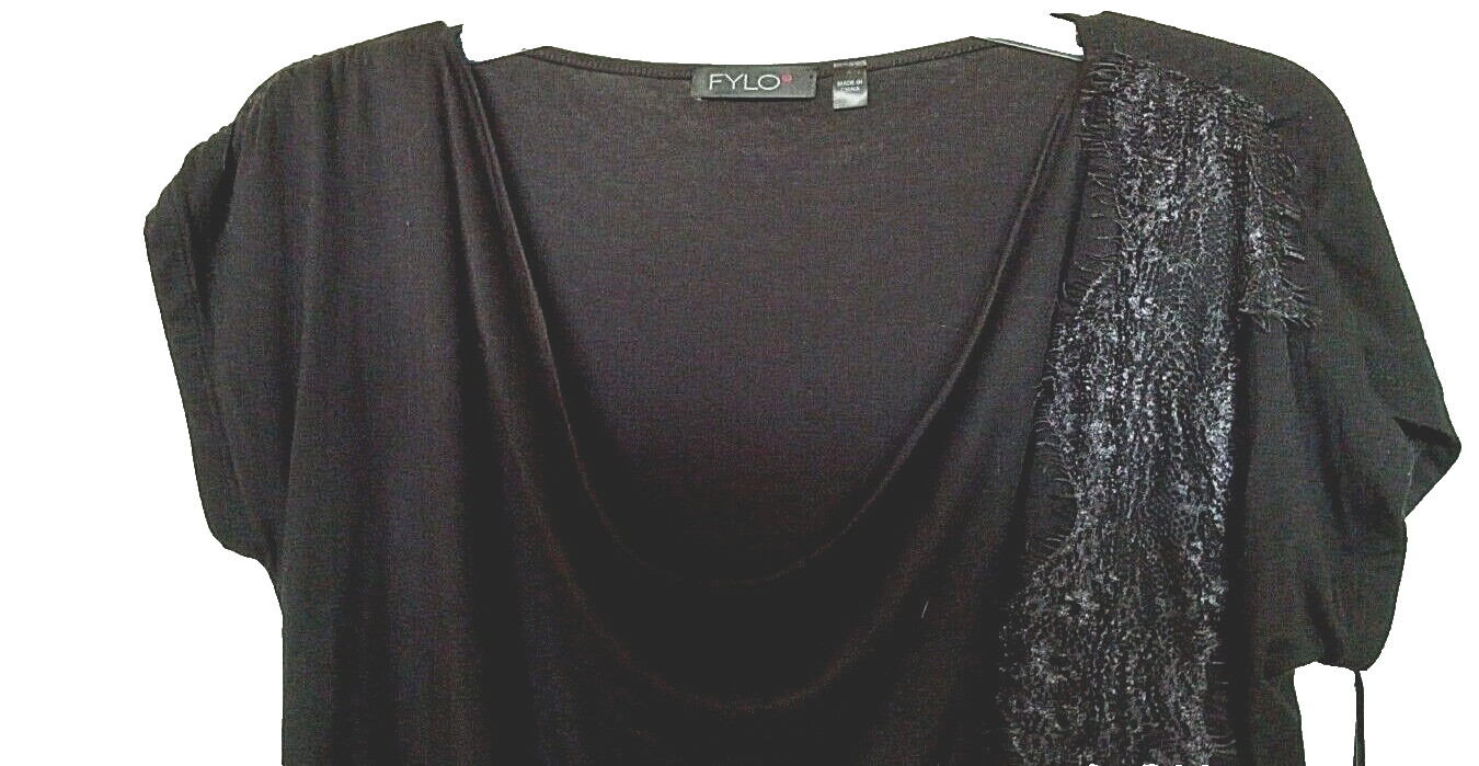 FYLO 95% viscose, 5% spandex black embellished draped T-shirt Size Medium
