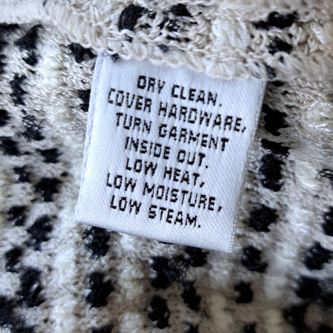 ST. JOHN Knit Ribbon Tweed Jacket Size 4 Zip Front Ivory Black Collarless Blazer
