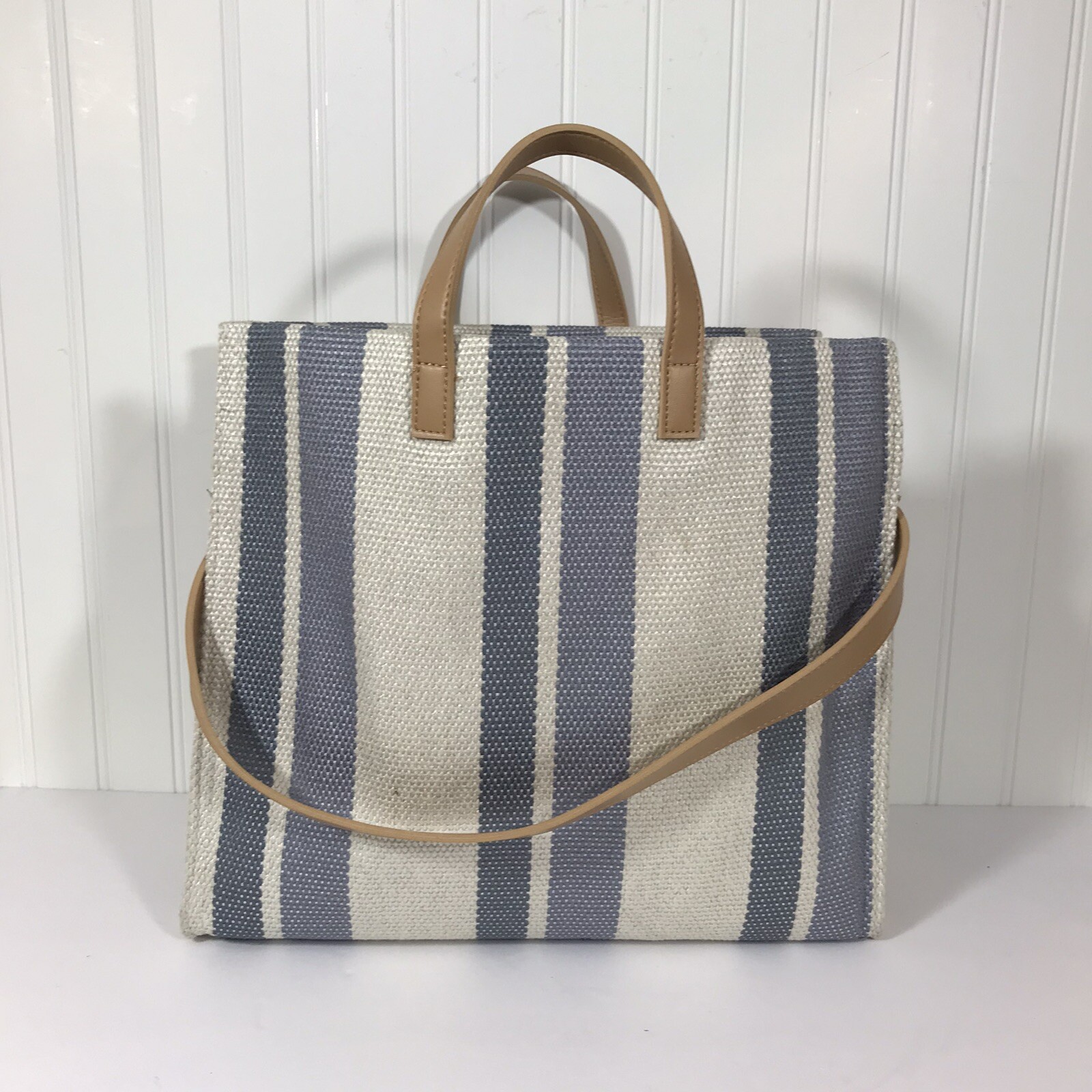 Woven Blue/Gray Ivory Striped Hand/Shoulder Bag, Beige Handles 14″w x 12″t x 6″d