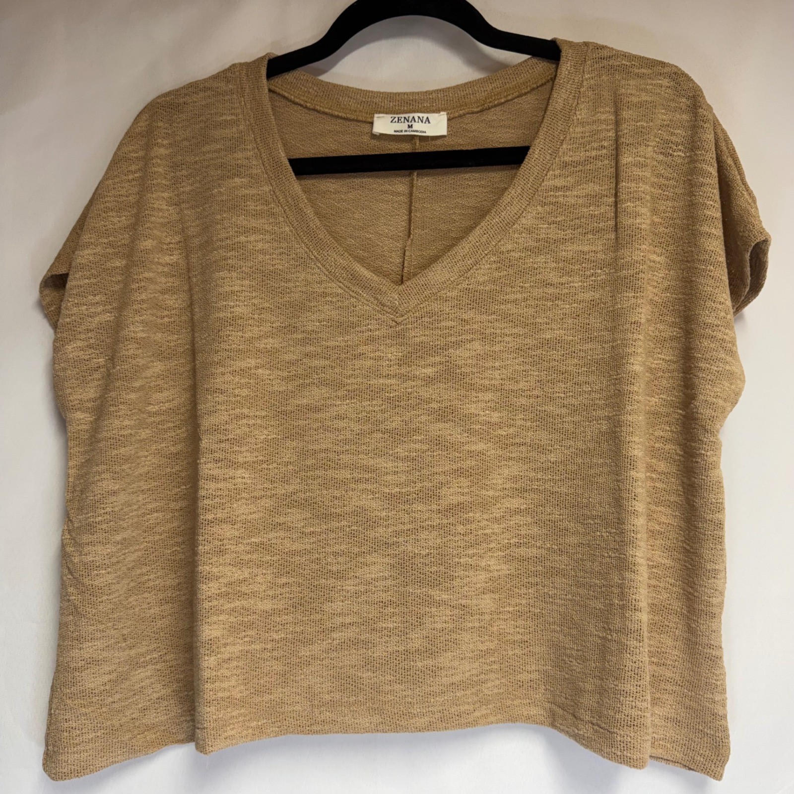 Zenana Tan Marl V-Neck Lightweight Knit Boxy Short Sleeve Top Crop Medium NWOT
