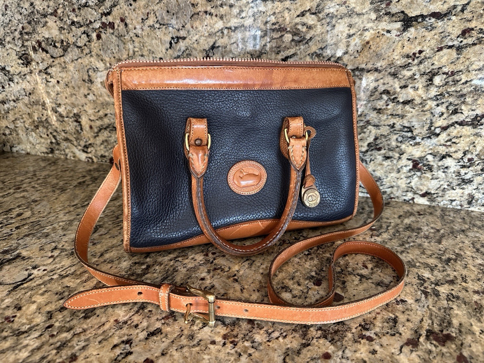 Vintage Dooney & Bourke All Weather Leather Satchel Handbag Navy Blue 1st Gen