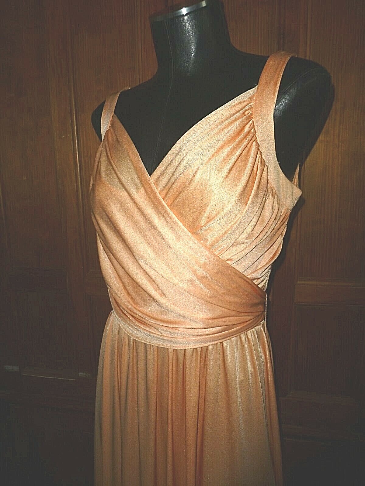 Vtg 70s Peach Silky Jersey Knit Grecian Boho Cocktail Evening Wedding maxi Dress