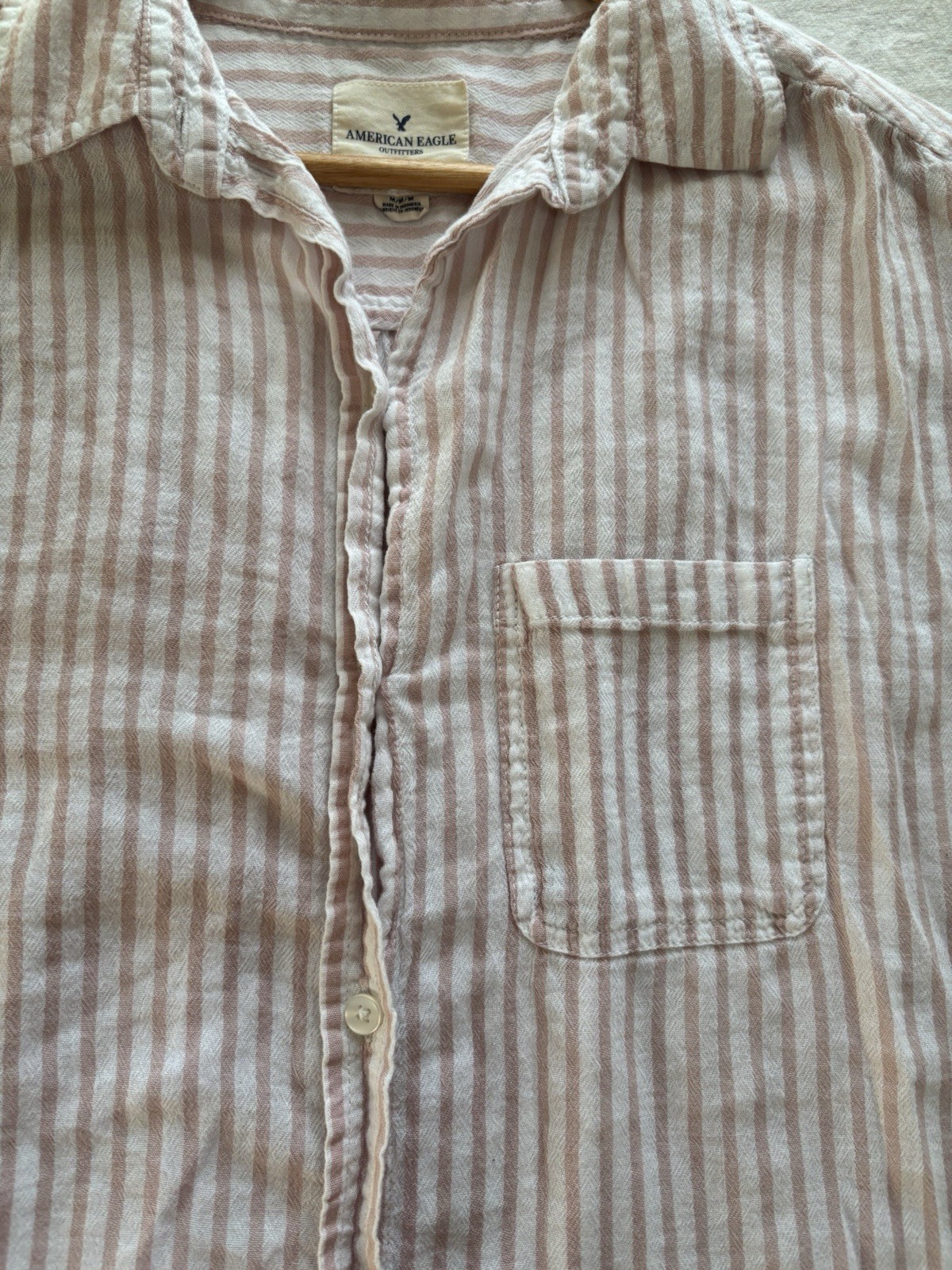 American Eagle Outfitters Pink/White Striped Button-Up Collared Cap Sleeve M