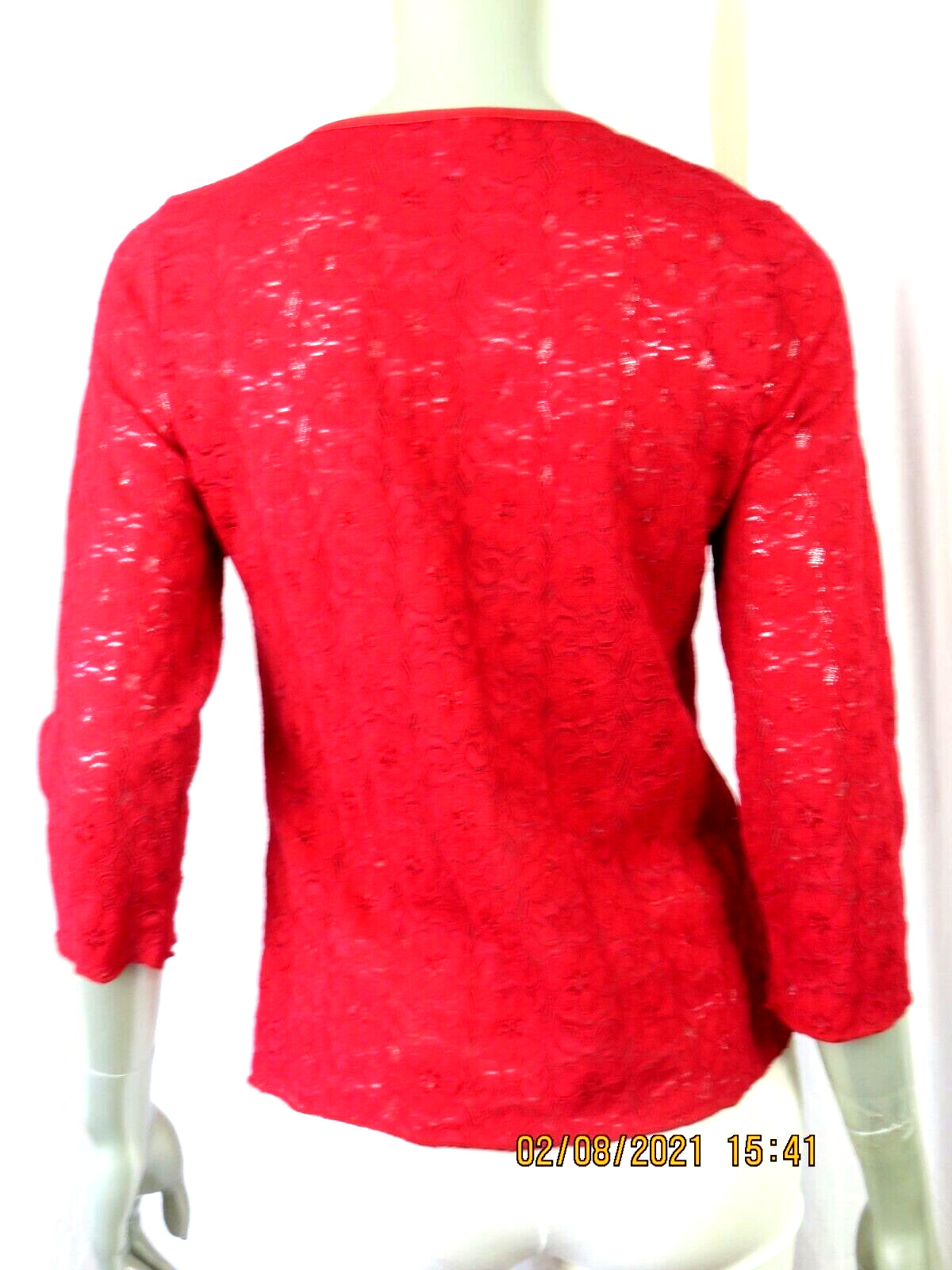 B. Moss SZ M Nylon/Span Red Semi Sheer Stretchy-Lace Fabric 3/4 Sleeve Top Shirt