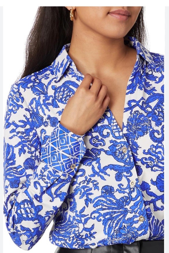 Lilly Pulitzer Womens Marlena Button-Down Shirt Medium Blue Ride With Me UPF 50+