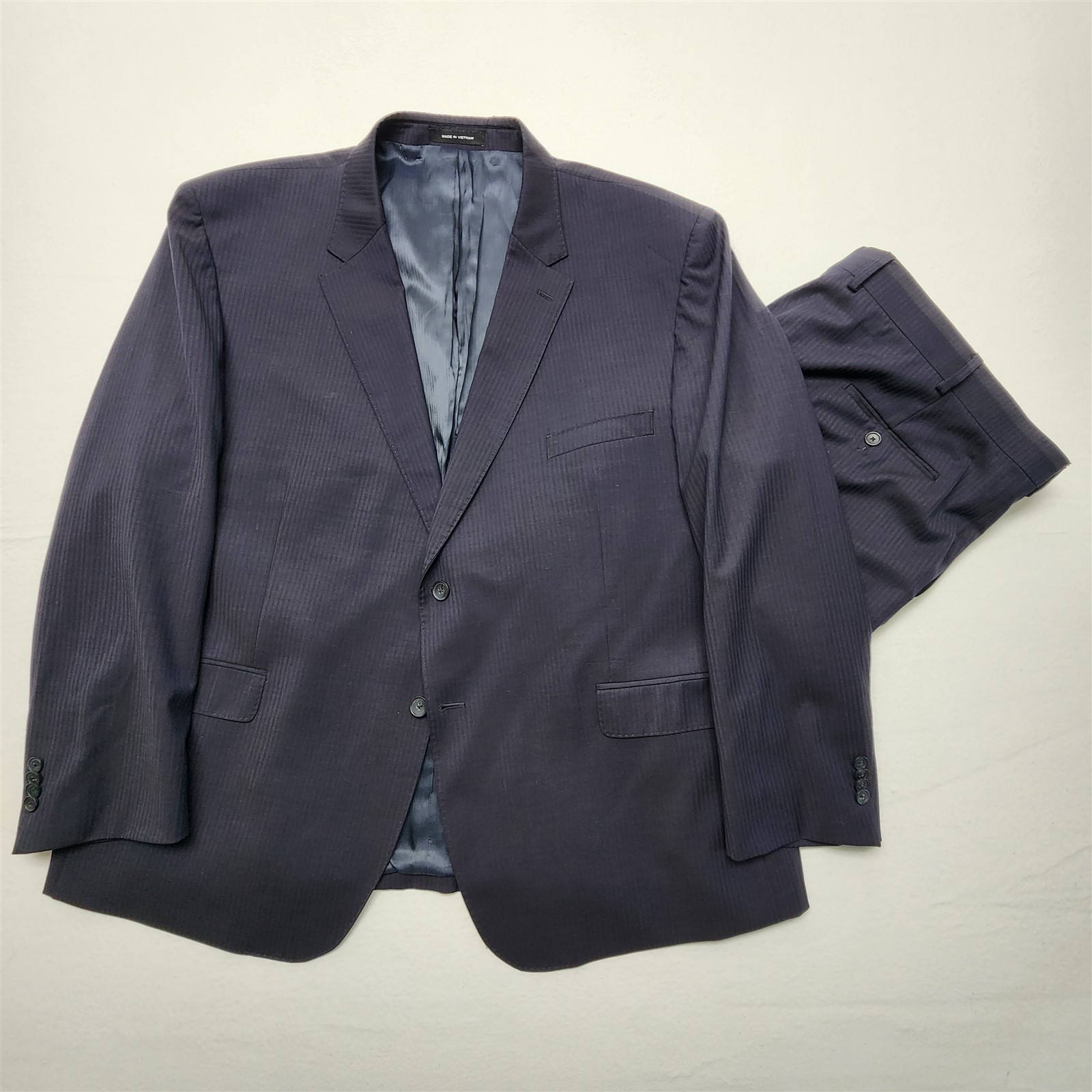 Kenneth Cole 54R 49×30 Navy Micro Nailhead Tonal Stripe Stretch Wool 2Btn Suit