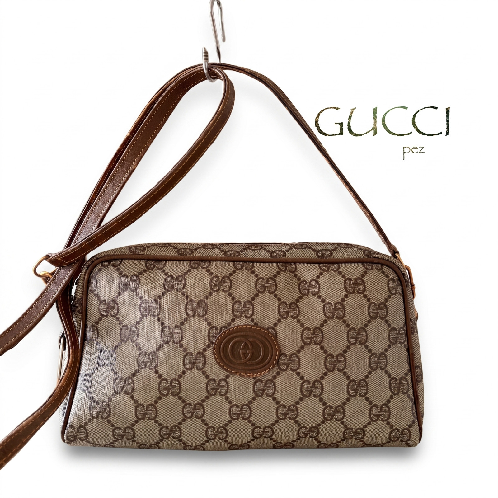 GUCCI Vintage GG Canvas Leather Shoulder Bag Brown Crossbody
