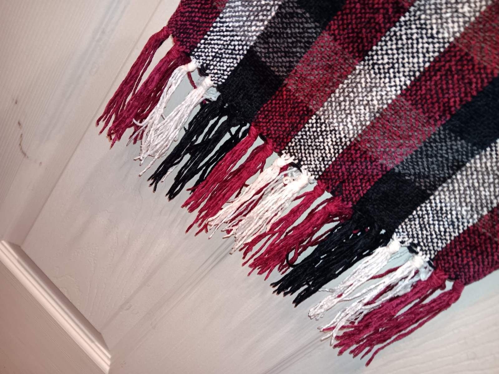 100% Rayon Gray, Red, Black, and White Checked Scarf 11 in. Wide x 76 in. Long