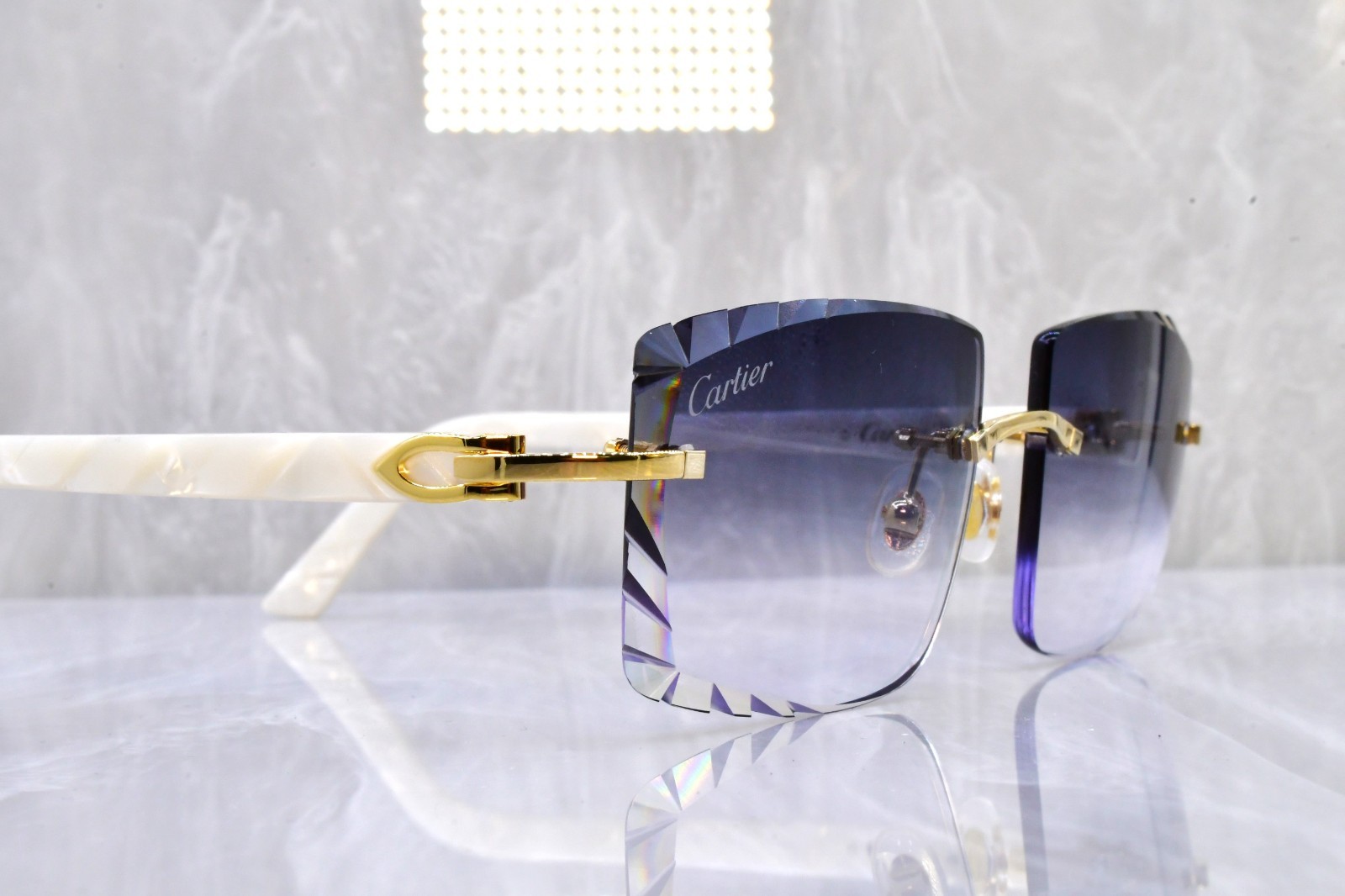 Cartier rimless white c decor gold Diamond cut white pearl sunglasses ct0056o