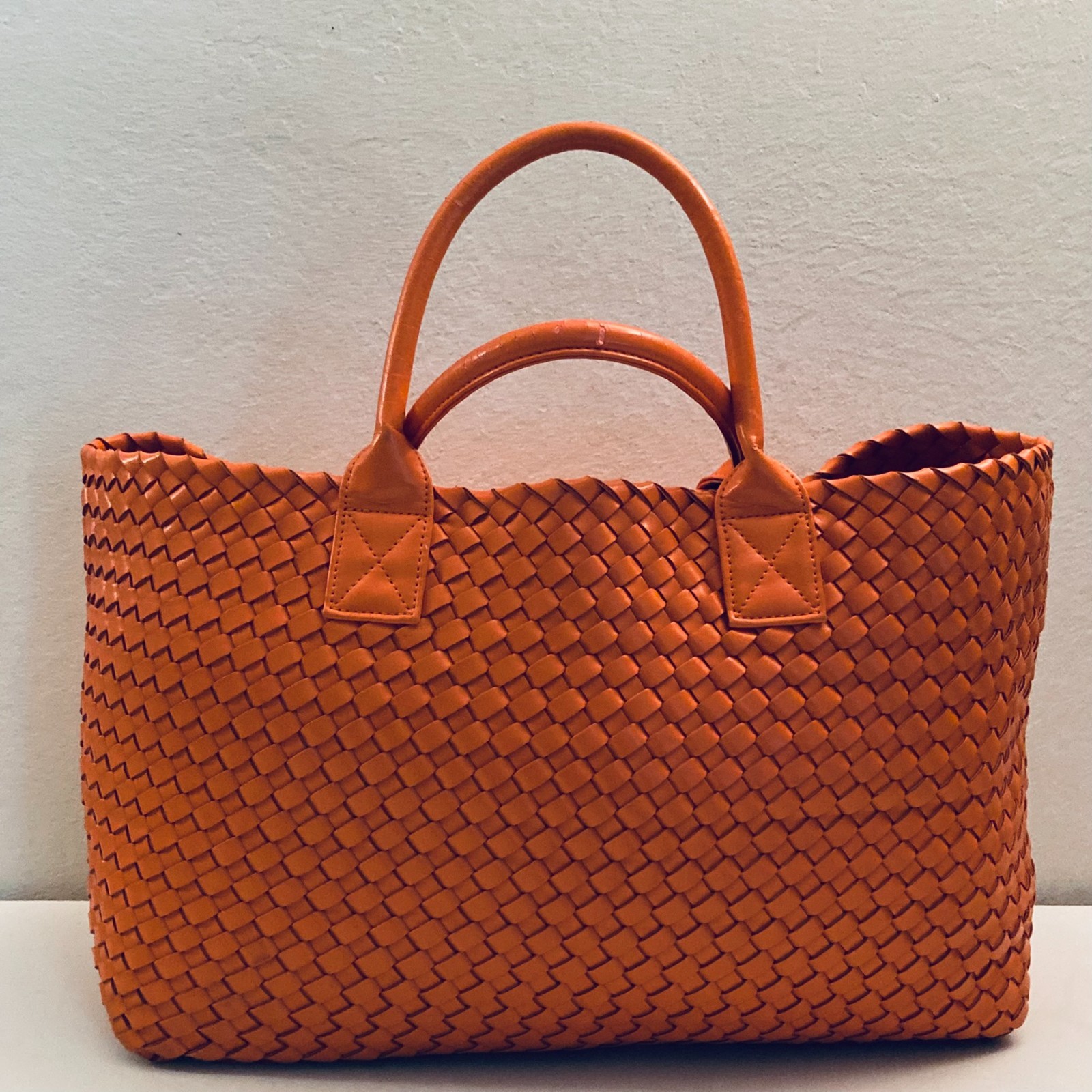 Woven Nappa Leather Tote Bag 21″ Intrecciato Shopper Lambskin Orange Large