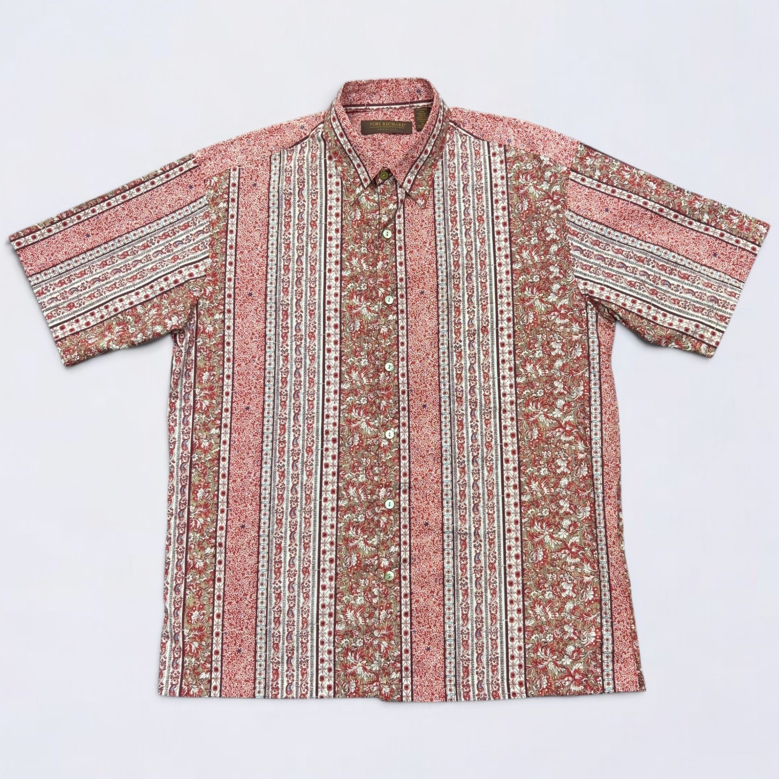 Tori Richard Button Up Shirt Mens Medium Red Floral Paisley Stripe Cotton Lawn