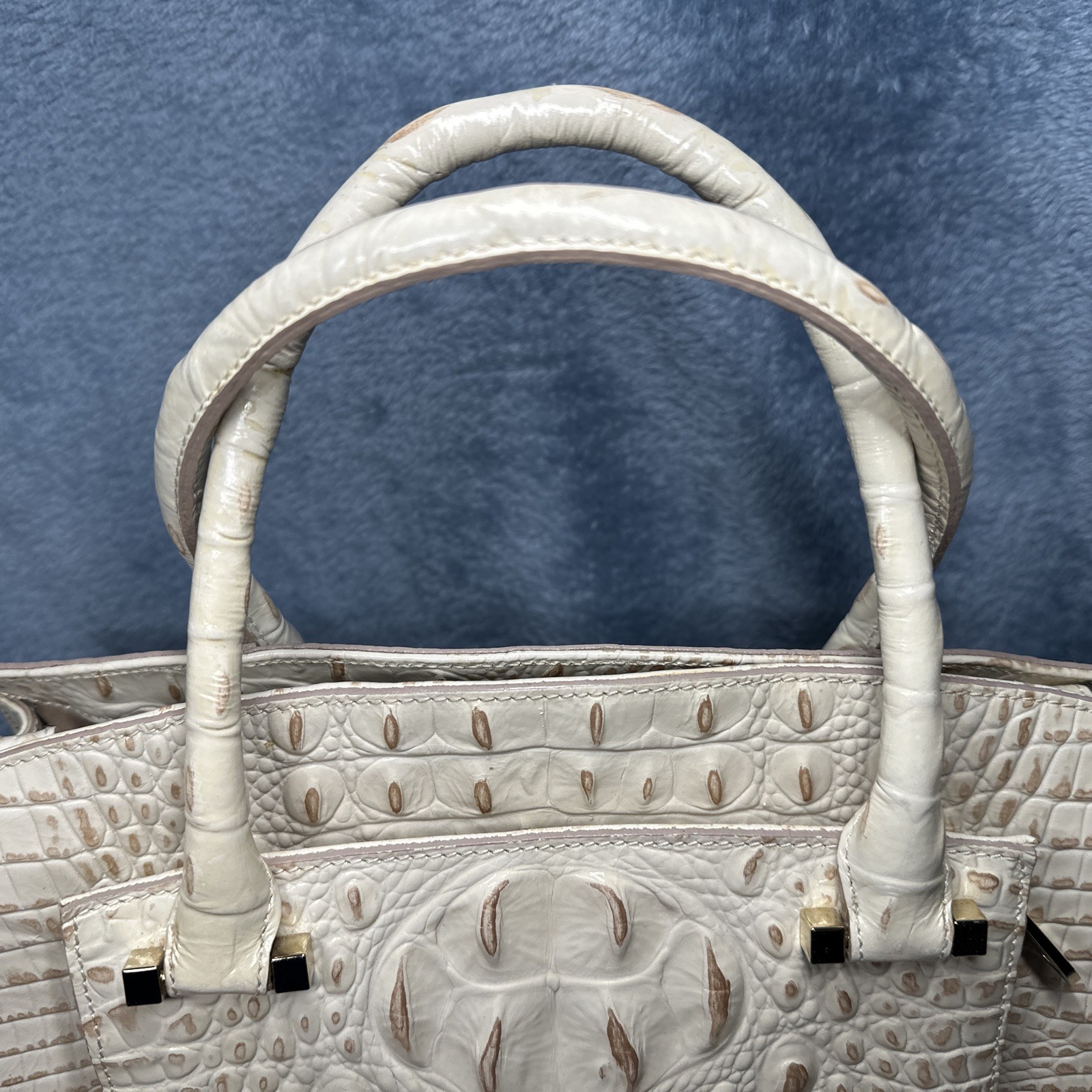 Brahmin Greta Satchel Bag With Crossbody Strap Cream Gold Croc Embossed