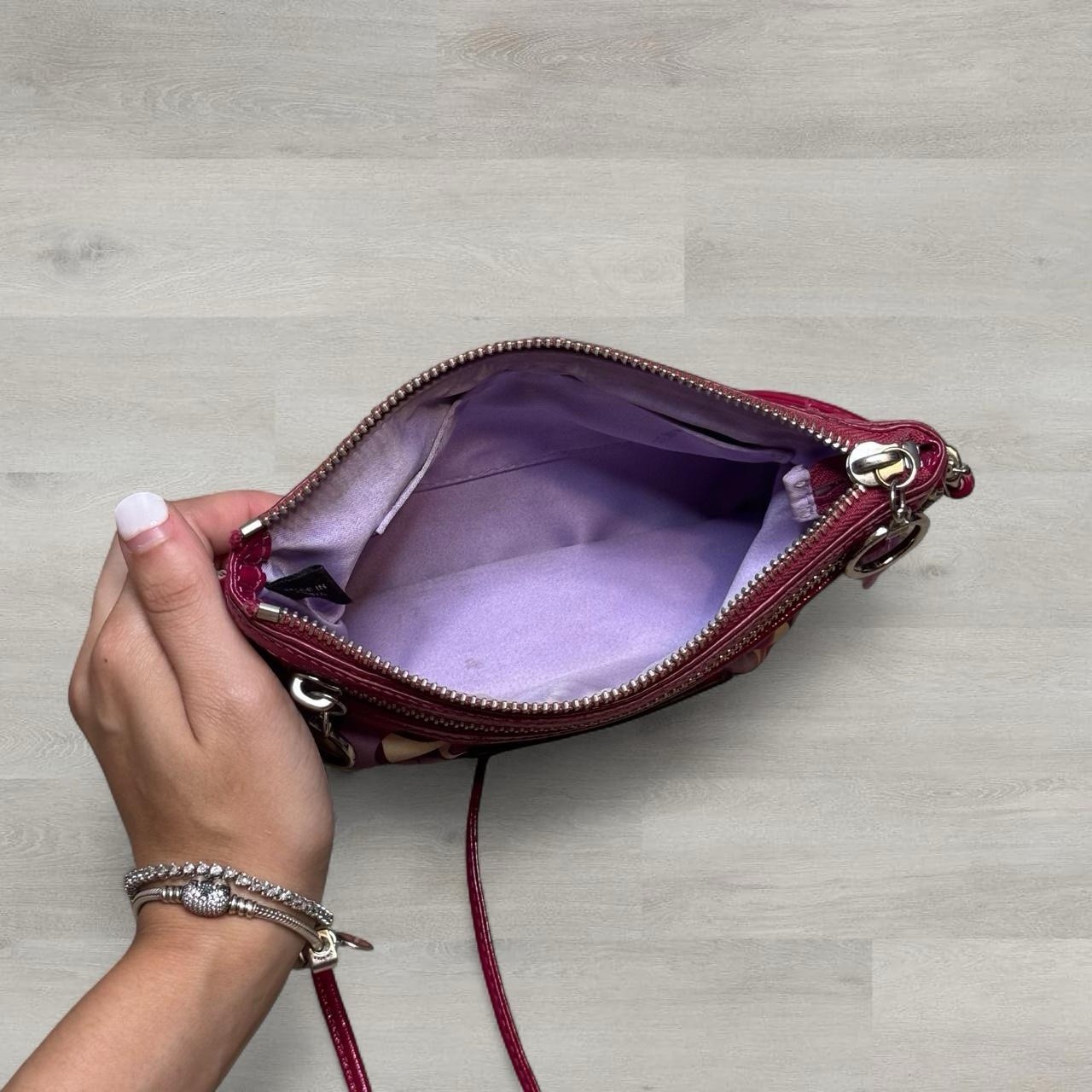 Coach Geometric Pink Purple Wristlet Zip Pouch Crossbody Strap Bag Charm
