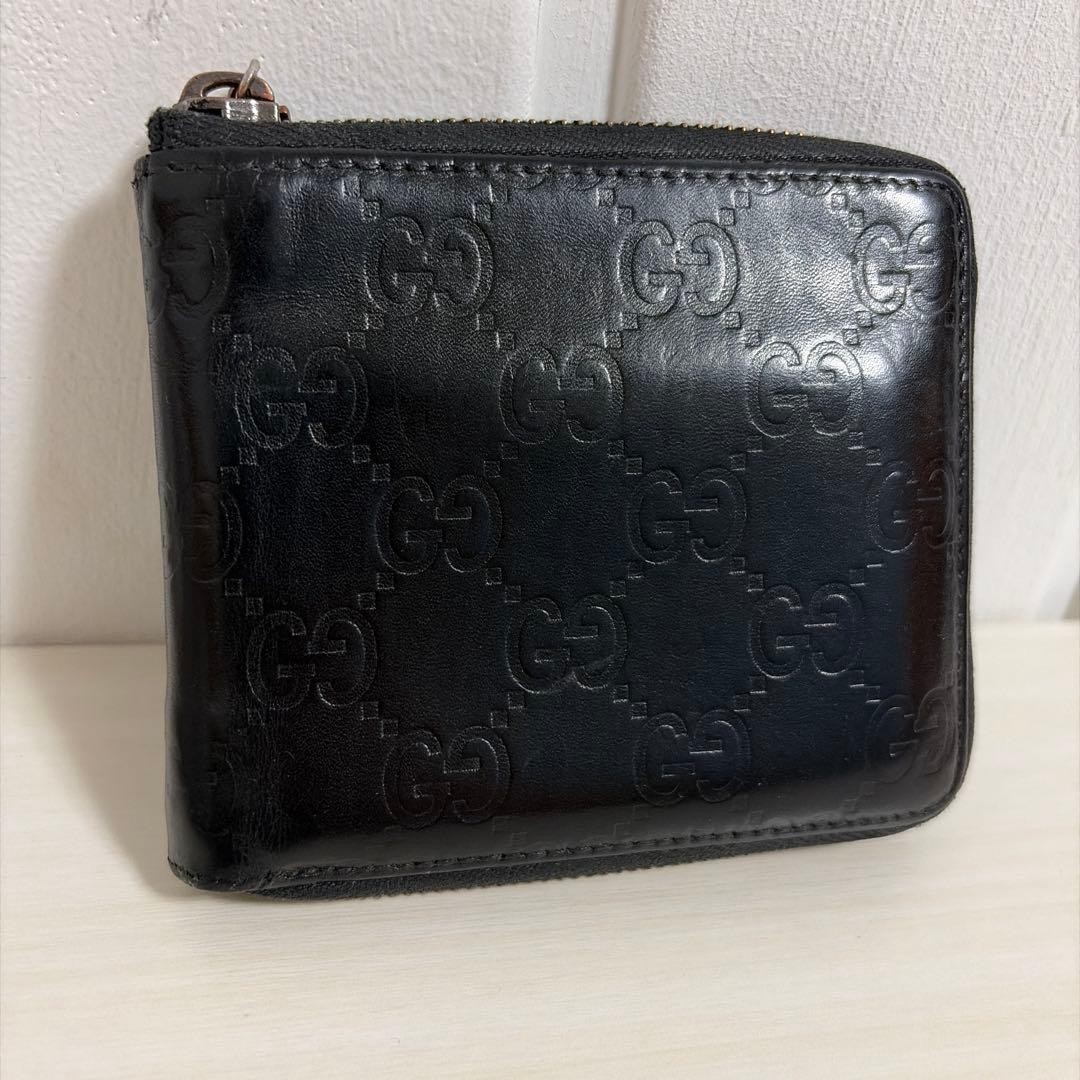 GUCCI Bi fold Mini Wallet Black Leather GG Pattern Embossed