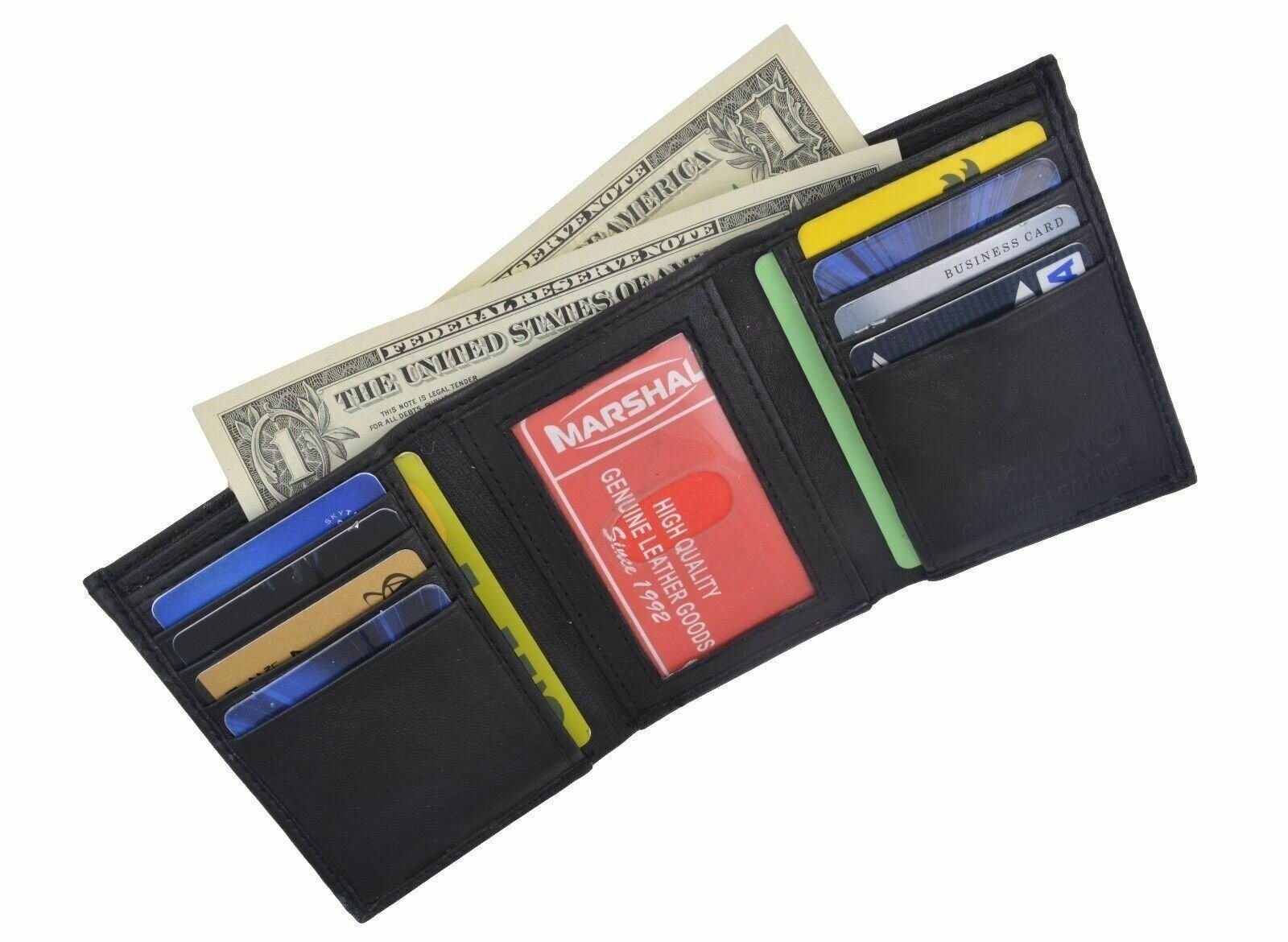 Men’s Genuine Leather Trifold Wallet Black Brown 8 Credit Card slots ID window