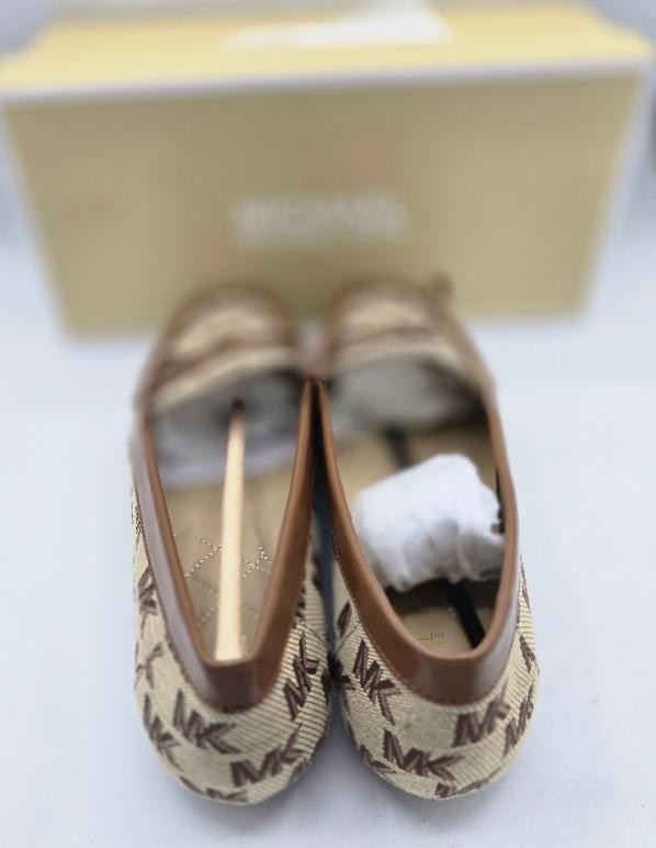 Michael Kors Size 9.5 Juliette Logo Jacquard Loafer Shoes MK Logo Beige/Ebony