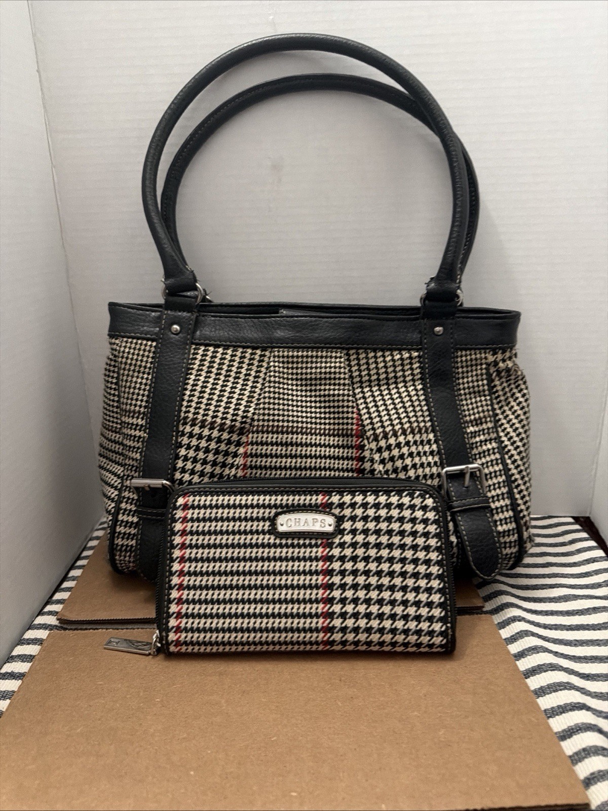 Vintage Chaps Houndstooth Structured Satchel Shoulder Bag & matching Wallet