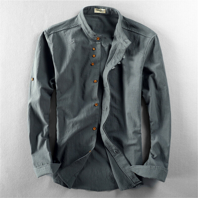 Cotton Linen Shirt Men Formal Retro Long Sleeve Mandarin Collar Frog Button Tops