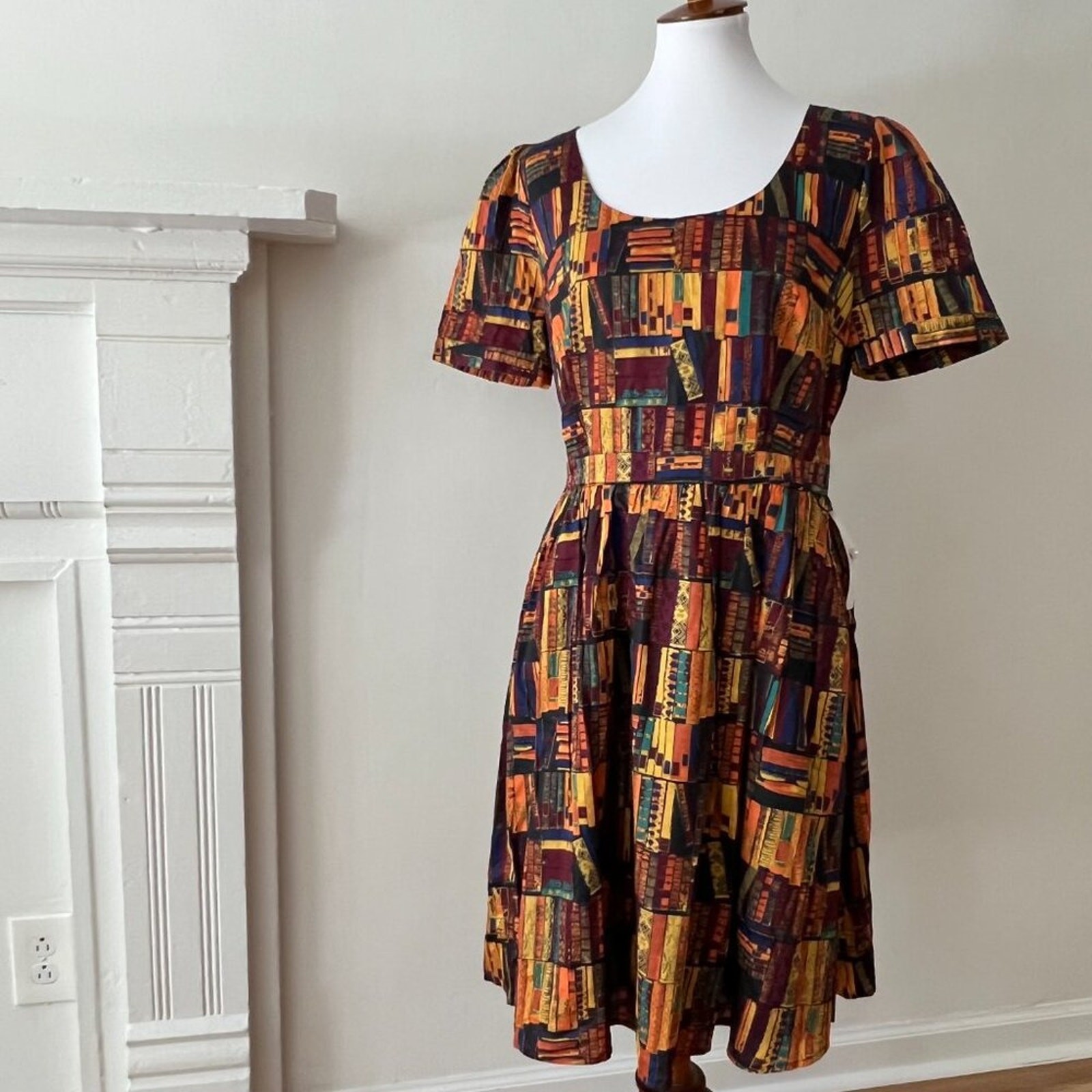 ModCloth Large Dress Cotton Retro Fall 50s Library Book Lover Pinup Fit Flare