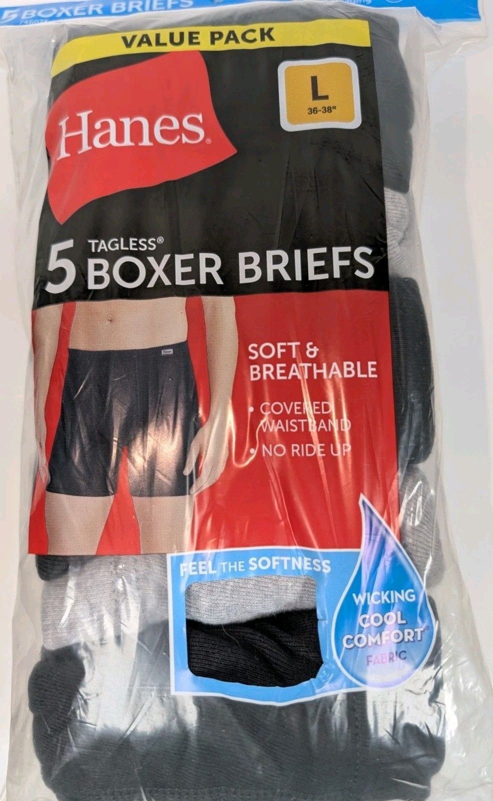 Hanes Mens Boxer Briefs 5 Pack Large 36-38 Tagless Cool Comfort Moisture Wicking