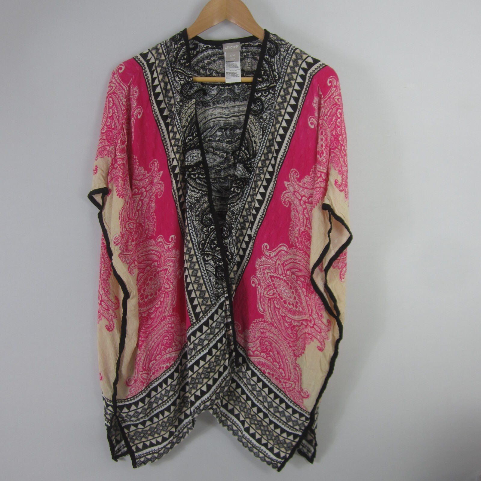 Chicos S / M Pink Black Beige Embroidered Open Front SS Cardigan Boho Paisley