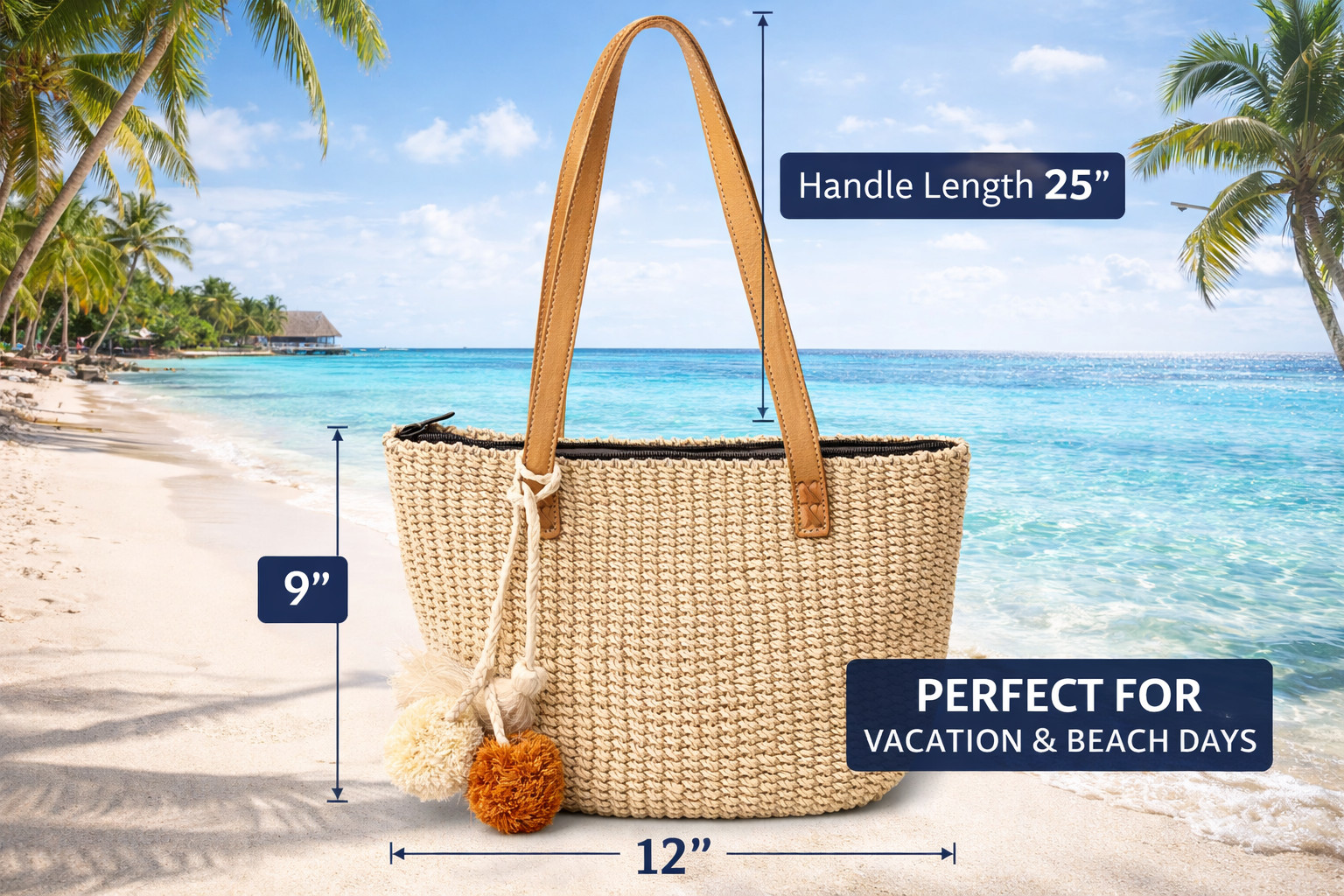 Womens Straw Tote Bag 12×9″ Leather Trim Summer Beach Shoulder Handbag 25″