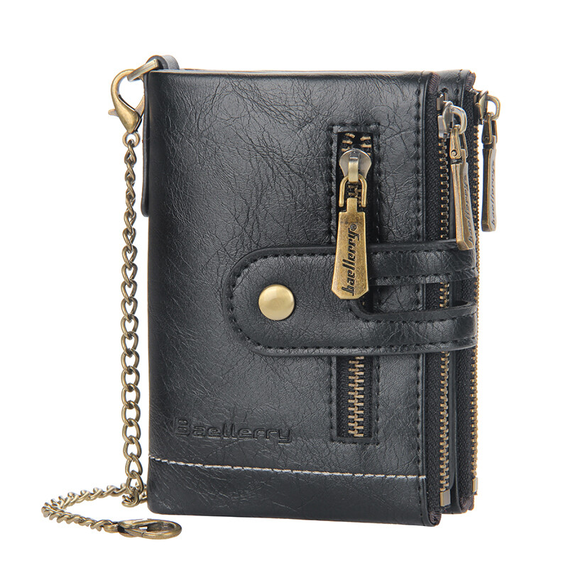 Bifold Double Zipper Coin Pocket Leather Purse Men Wallet with Anti-Theft Chain