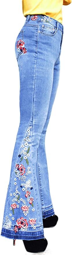 Womens Chic Floral Embroidered High-Rise Bell Bottom Flare Jeans Broad Feet Long