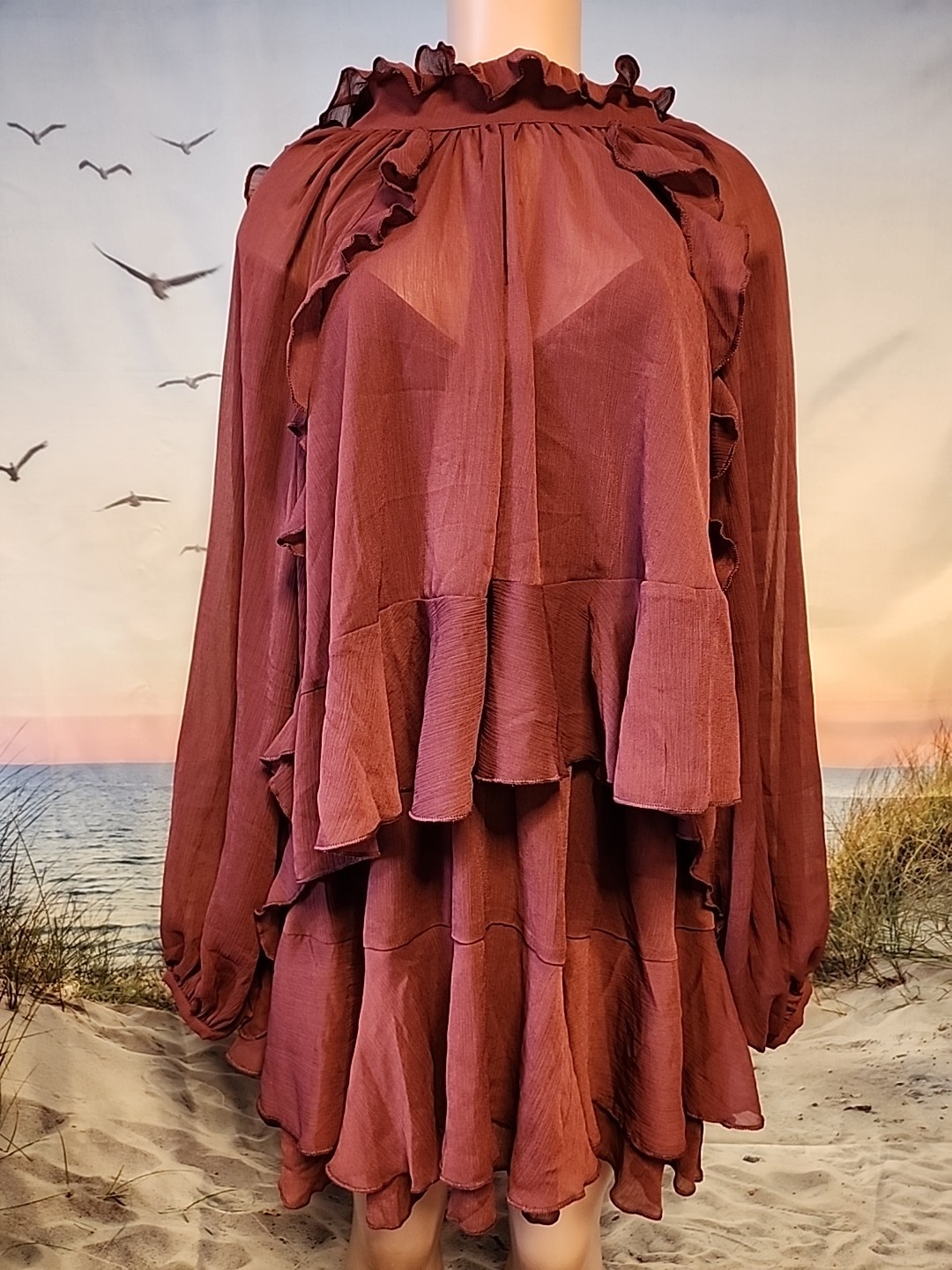 new Commense Red Semi-Sheer Chiffon Ruffle Dress with Cape Overlay, Large