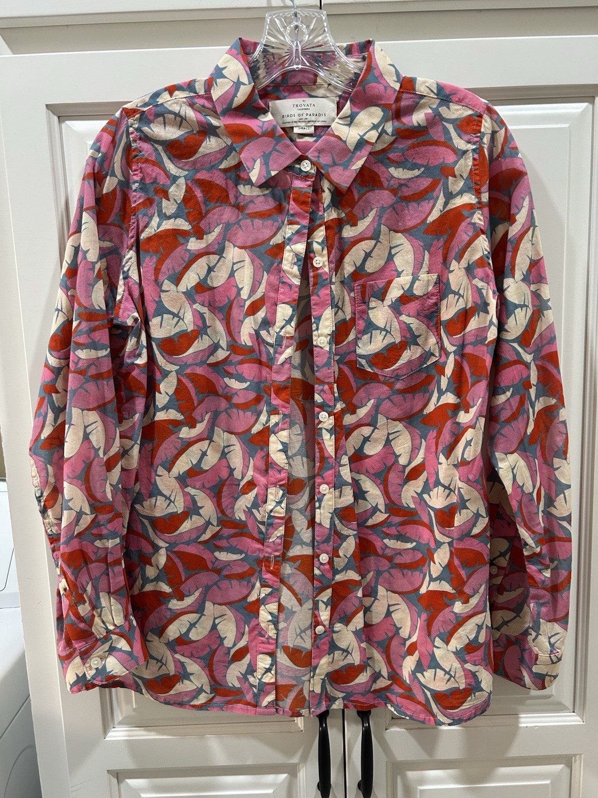 TROVATA Birds Of Paradise Pink Multi Color Long Sleeve 100% Cotton Blouse Small