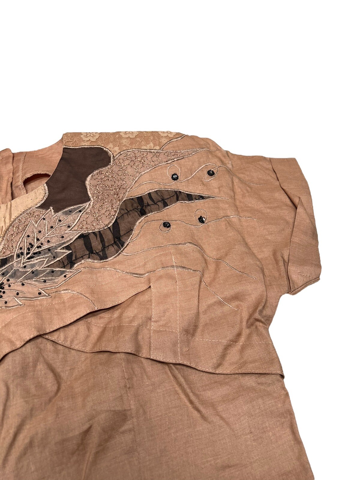 Vtg NOS Anne French Artsy Art to Wear Embellished 100% Ramie Blouse SZ 10 Khaki