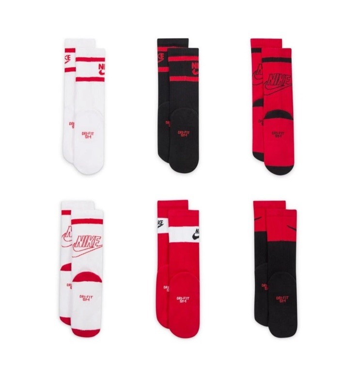 Nike Everyday Cushioned Crew Sock 6 Pack Size 6-8 Men Black/White/Red CK7302-904