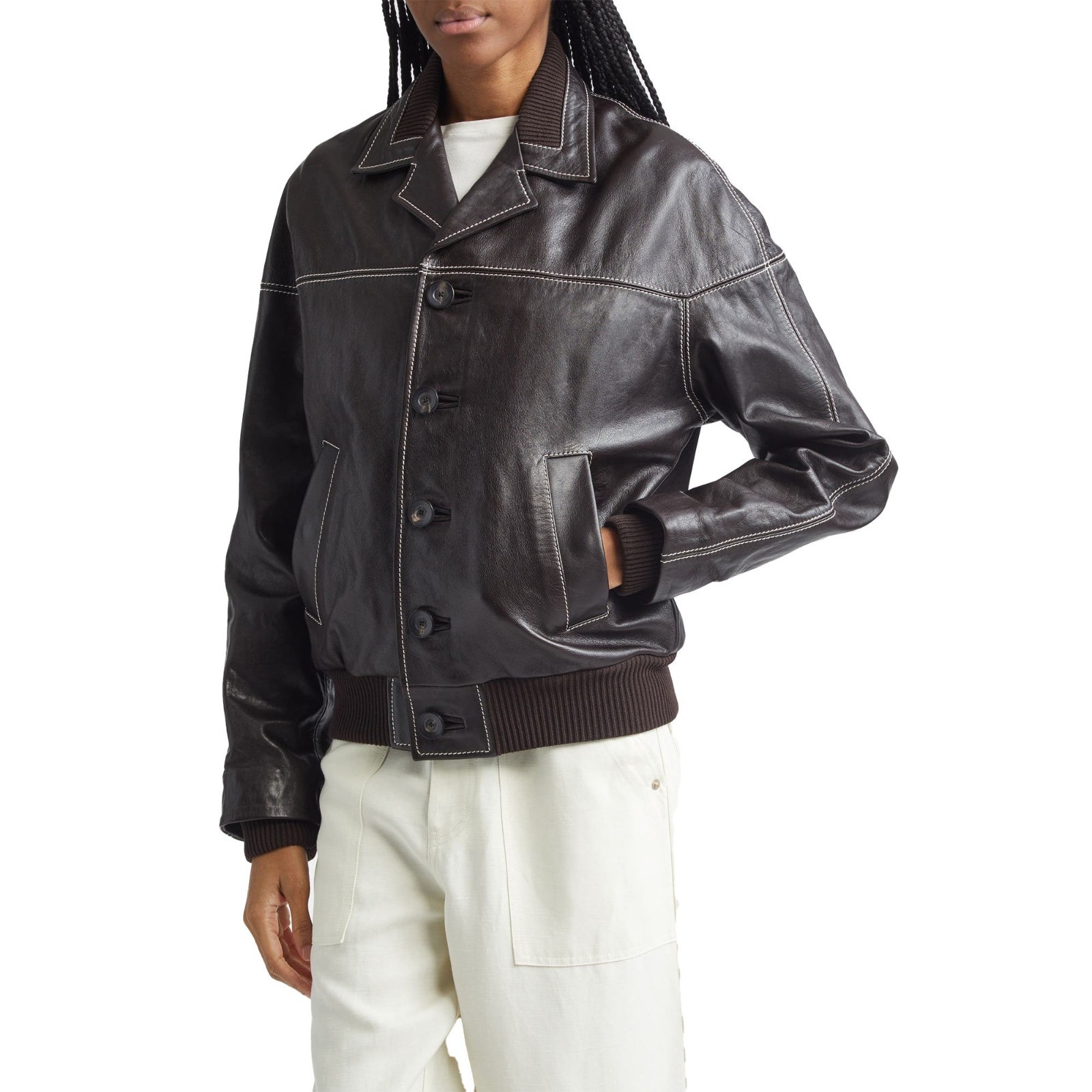 Women’s Real Leather Jacket Dark Brown Button Up Contrast Stitch Biker Coat