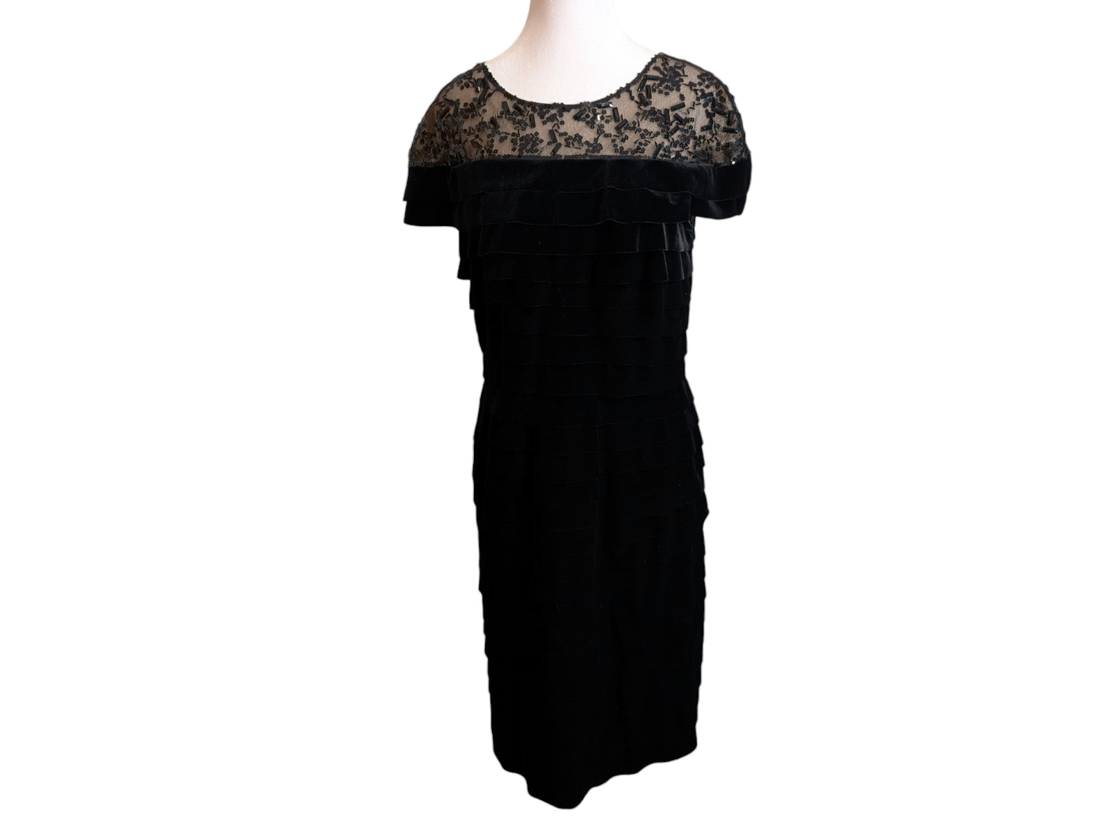 Tadashi Shoji Elegant Little Black Velvet Dress Beaded Lace Size Large