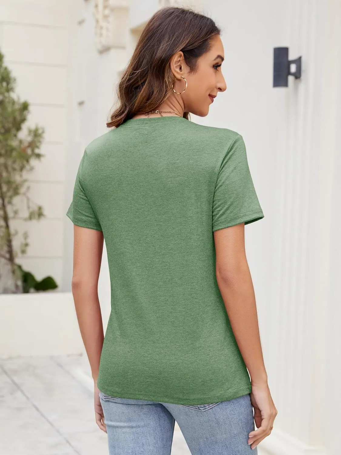 Womens V Neck Short Sleeve Basic T Shirt Loose Fit Casual Summer Tee Top S-XXL