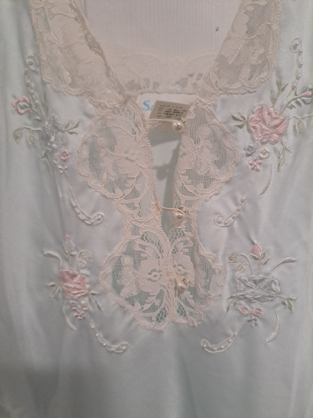 Vtg Sara Beth Gown M Pale Aqua Lace Bodice Curved Slit Hem Pearl Button Soft