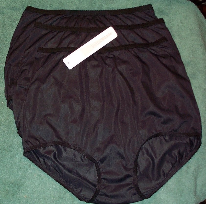 3 Pair Size 7 Black 100% Nylon Full Brief ShadowLine NO Cotton Crotch or Seams