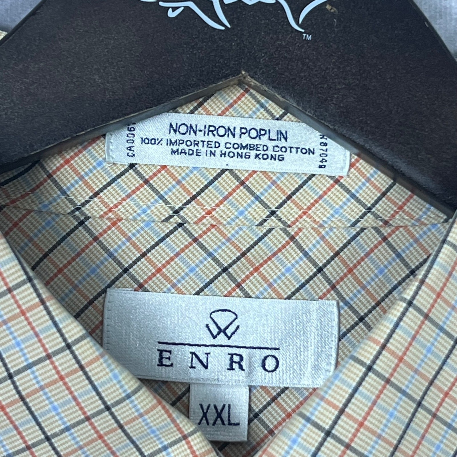 Enro Mens XXL Non-Iron Poplin Button Down Shirt Plaid Combed Cotton Tan Blue