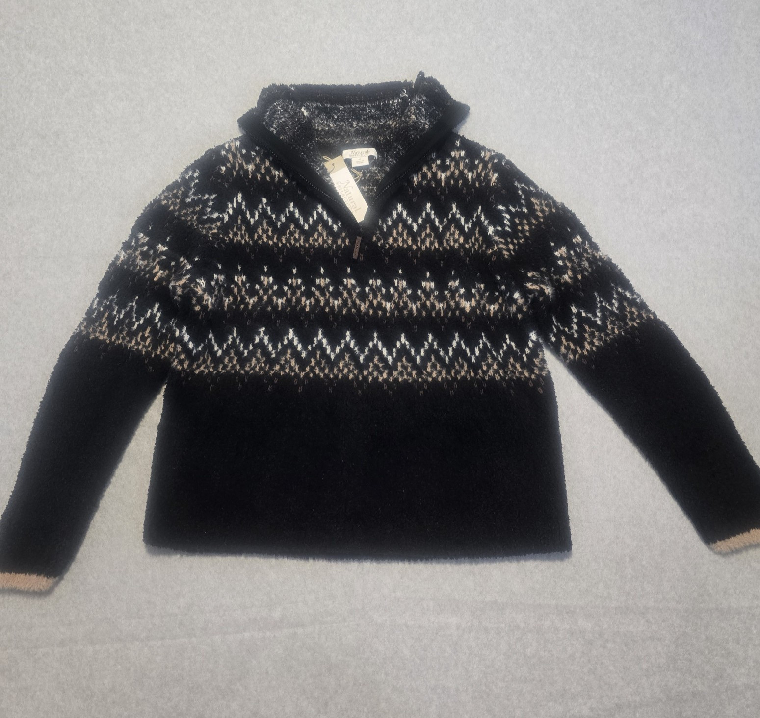 Natural Reflections Quarter Zip Pullover Women M Black Fair Isle Cabin Gorpcore