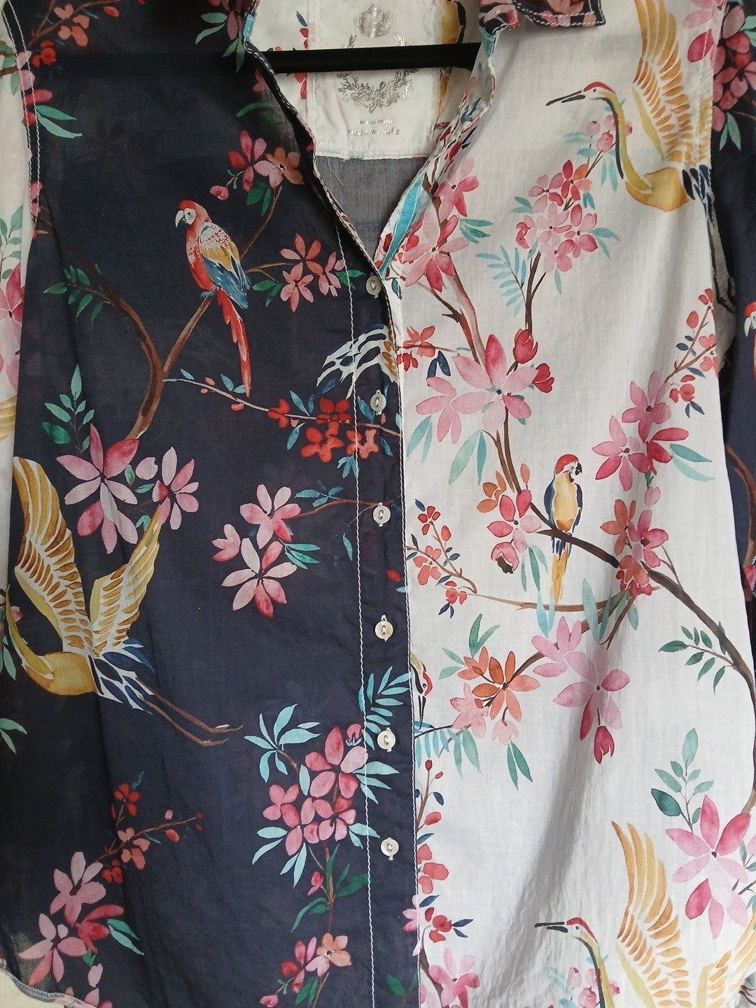 Cino Floral Botanical Bird Print Button Down Blouse Tab Sleeve 100% Cotton Sz M