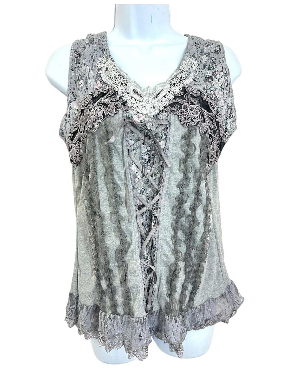 Pretty Angel Boho Fairycore Lace-up Corset Ruffle Trim Gray Sleeveless Top S